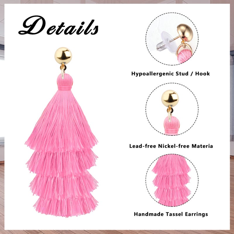 LOYALLOOK 4-Pair Fan Shape Drop Earrings - Long Thread Tassel, Bohemian Fringe, Handmade - Pink - Image 2